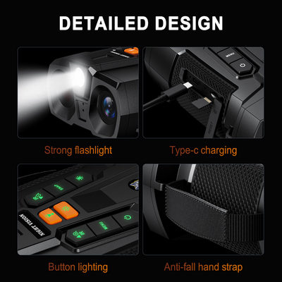 Minener NOX-V5 night vision device featuring detailed design with built-in flashlight, Type-C charging, illuminated buttons, and secure hand strap