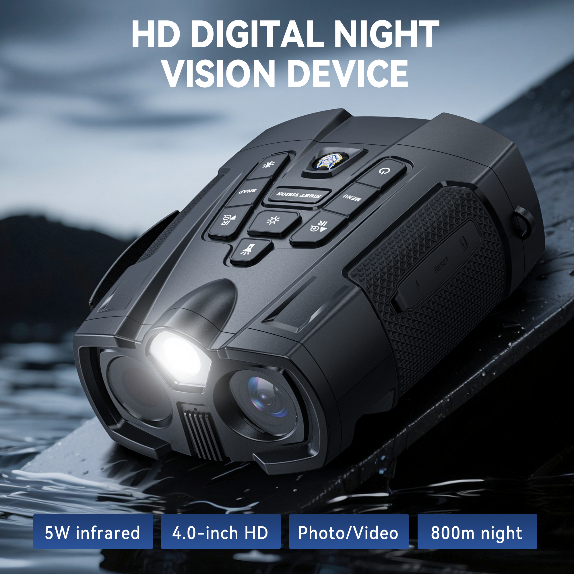 Minener-NOX-V1 digital night vision goggles feature a 4.0-inch HD screen, 5W infrared illumination, photo and video recording, and up to 800m nighttime viewing range.