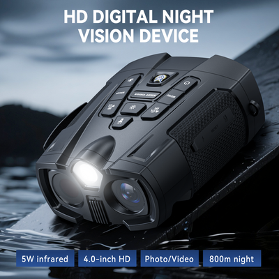 Minener-NOX-V1 digital night vision goggles feature a 4.0-inch HD screen, 5W infrared illumination, photo and video recording, and up to 800m nighttime viewing range.