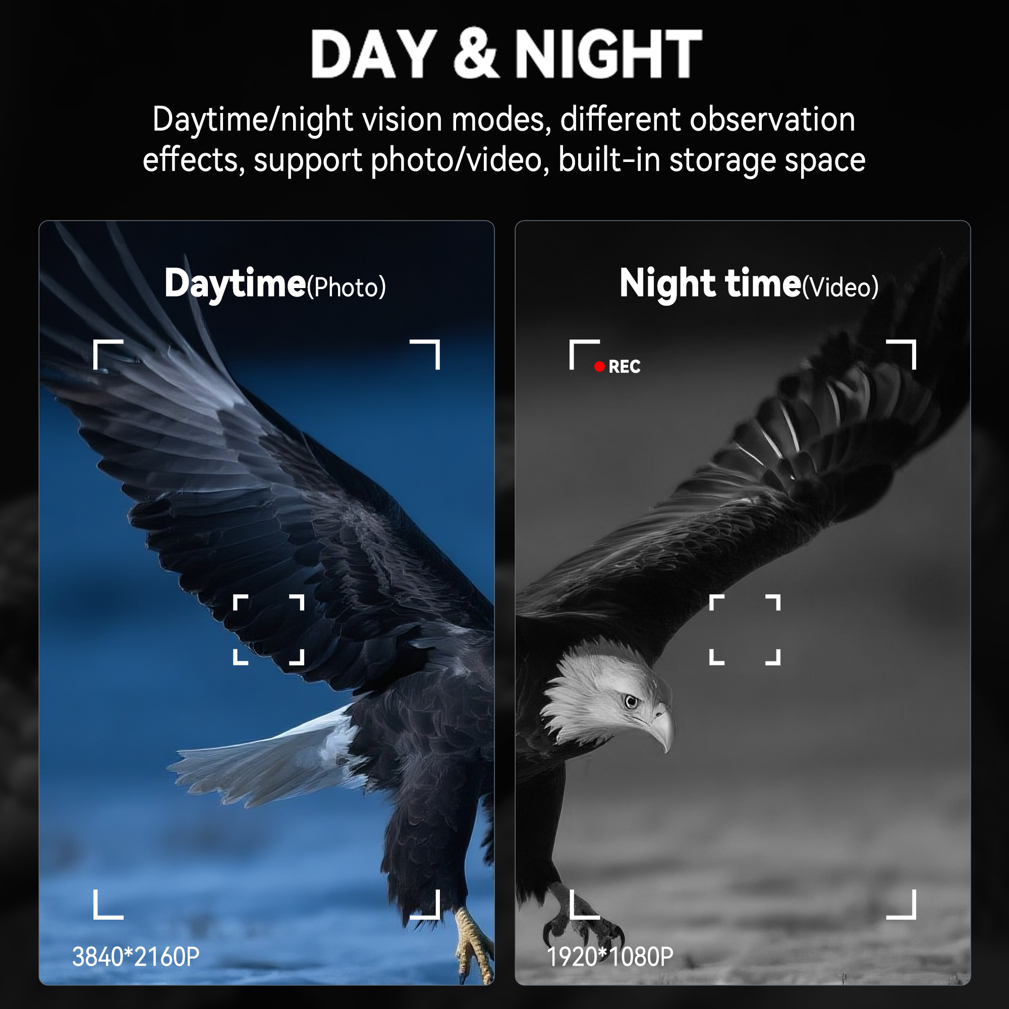 Minener-NOX-V1 night vision goggles support day and night modes, color daytime photos, black-and-white night video recording, and built-in storage for photo and video capture.