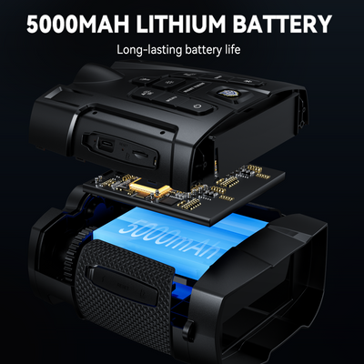 Minener-NOX-V1 night vision goggles feature a built-in 5000mAh rechargeable lithium battery, providing long-lasting power for extended nighttime observation and recording.