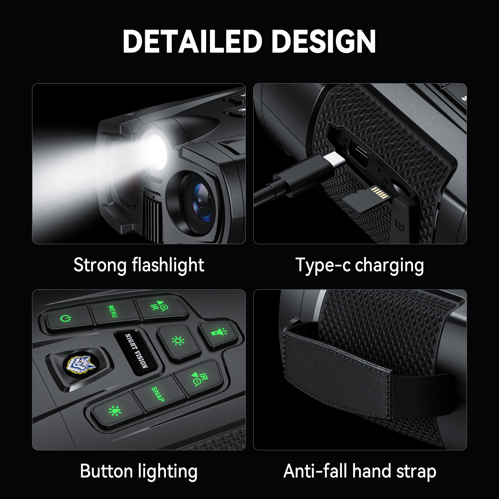 Minener-NOX-V1 night vision goggles feature a built-in flashlight, Type-C charging, illuminated buttons for night use, and a secure anti-fall hand strap.