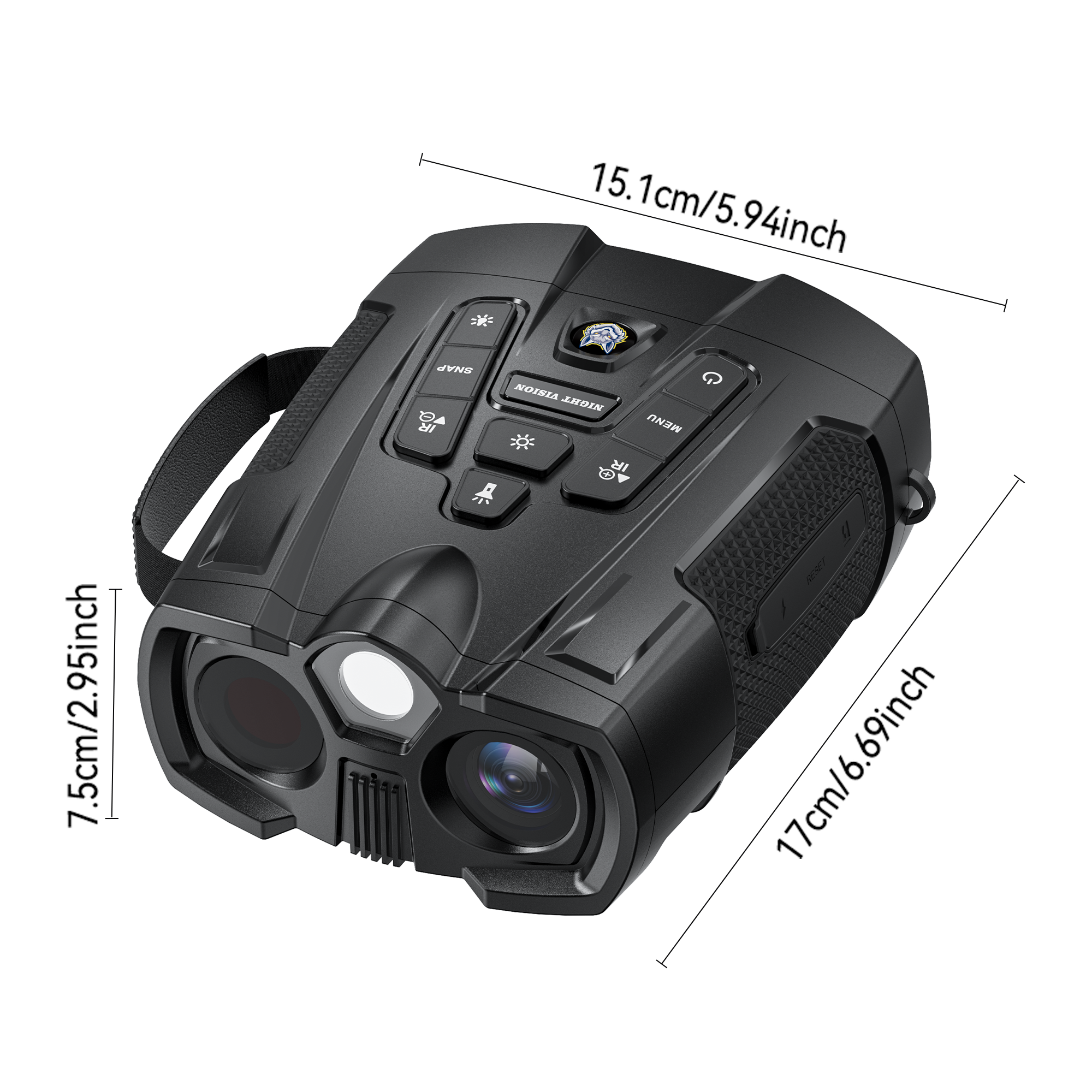 Minener-NOX-V1 night vision goggles dimensions shown: 15.1 × 17 × 7.5 cm (5.94 × 6.69 × 2.95 inches), compact and ergonomic handheld design.