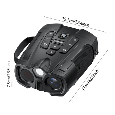 Minener-NOX-V1 night vision goggles dimensions shown: 15.1 × 17 × 7.5 cm (5.94 × 6.69 × 2.95 inches), compact and ergonomic handheld design.
