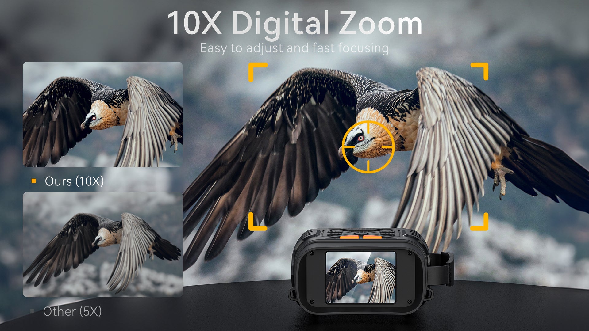Minener NOX-V2 night vision goggles feature 10X digital zoom with fast focusing, providing clearer detail and better target visibility compared to standard 5X night vision devices.