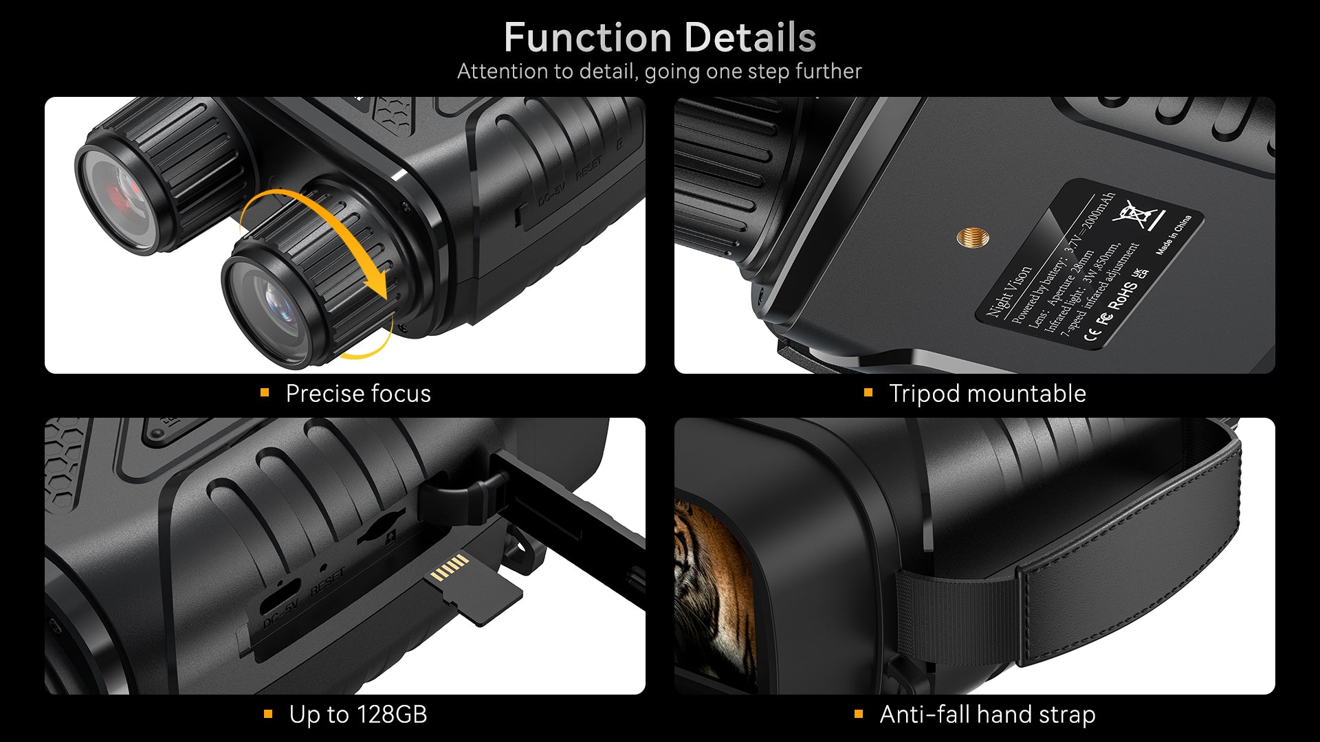 Minener night vision goggles feature precise focus adjustment, tripod compatibility, support for up to 128GB storage, and a secure hand strap for stable outdoor use.