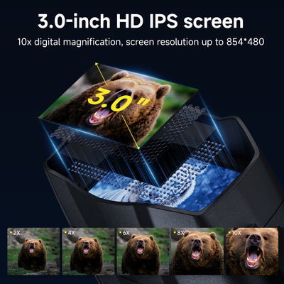 Minener NOX-V3 night vision goggles feature a 3.0-inch HD IPS screen with up to 10× digital zoom and 854×480 resolution for clear, detailed viewing.
