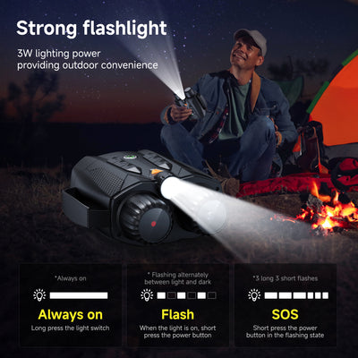 Minener NOX-V3 night vision goggles feature a built-in 3W flashlight with always-on, flash, and SOS modes, providing reliable lighting for camping and outdoor emergencies.