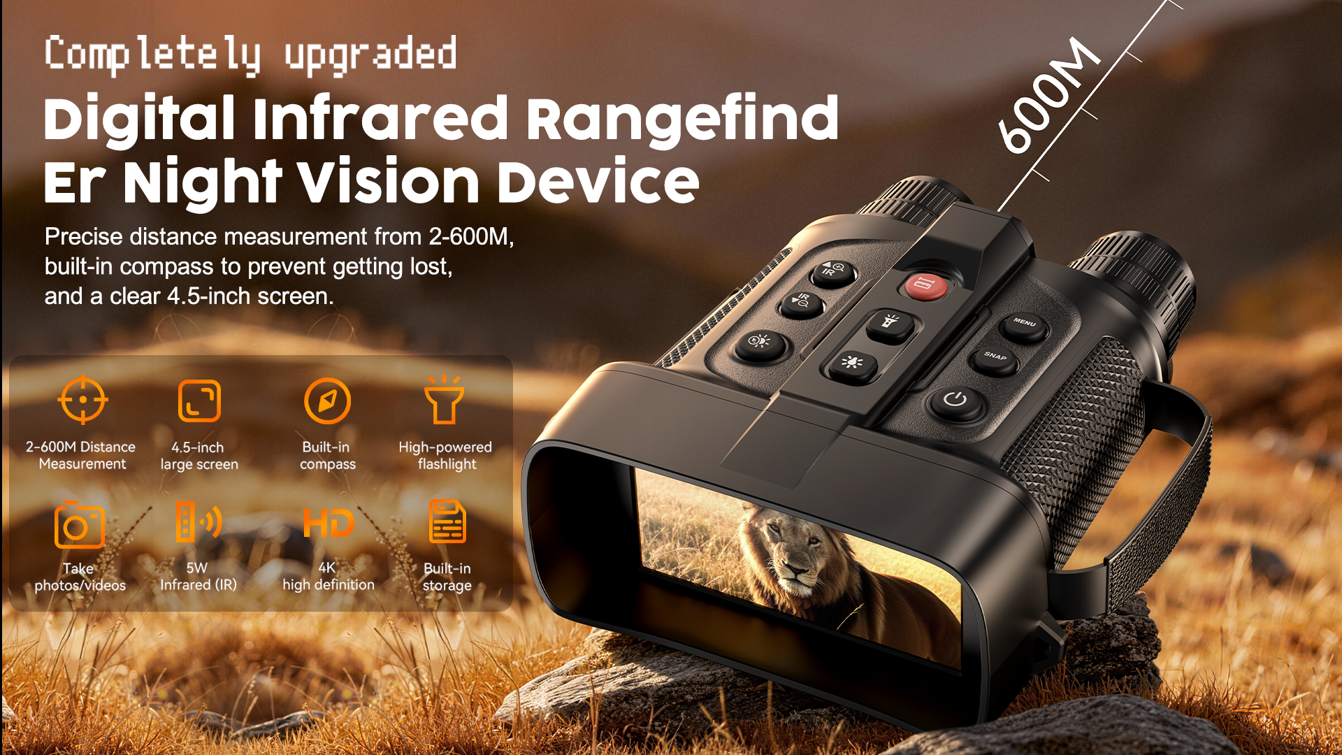 Minener NOX-V4 digital infrared rangefinder night vision device with 2–600m measurement, 4.5-inch screen, built-in compass, infrared illumination, and photo/video recording.