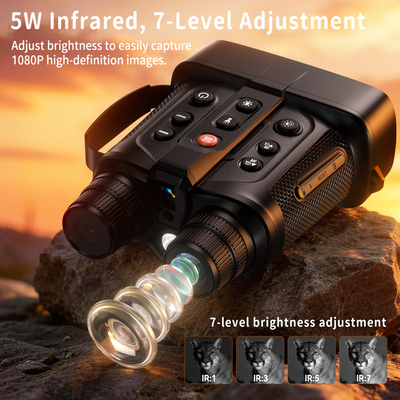 Minener NOX-V4 night vision goggles use a 5W infrared illuminator with 7-level brightness adjustment for clear 1080P night imaging in low-light conditions.