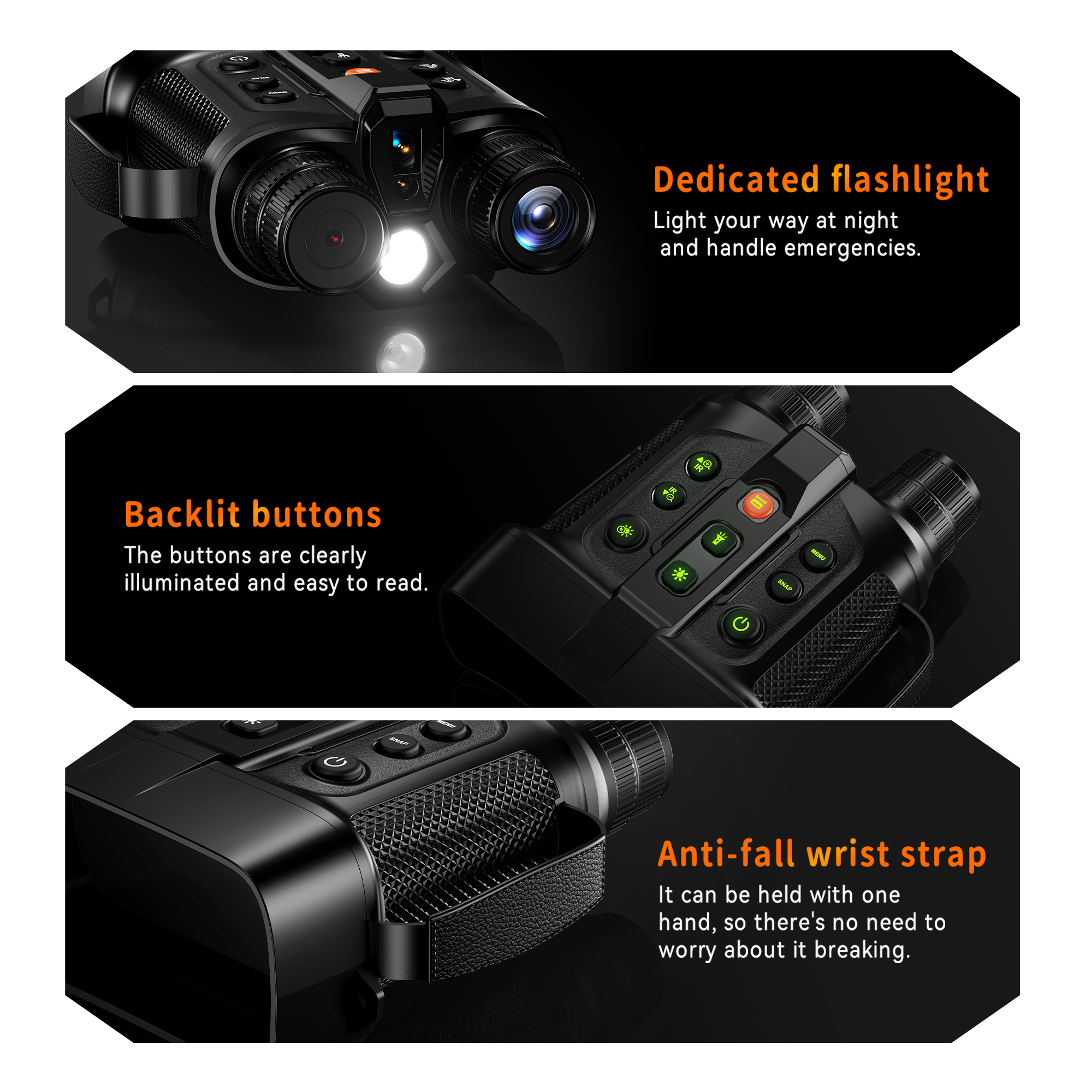 Minener NOX-V4 night vision goggles include a dedicated flashlight, backlit buttons for dark use, and an anti-fall wrist strap for secure handling.