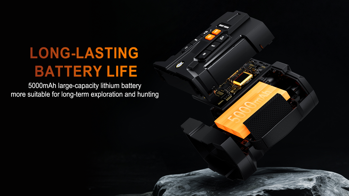 Minener NOX V5 night vision goggles feature a built-in 5000mAh rechargeable lithium battery, delivering long-lasting power for extended night exploration, hunting, and outdoor use.