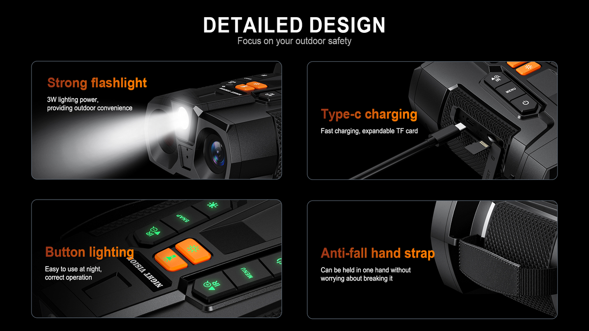 Minener NOX V5 night vision goggles feature a built-in flashlight, backlit buttons, Type-C fast charging, expandable storage, and a secure hand strap for safer outdoor use.
