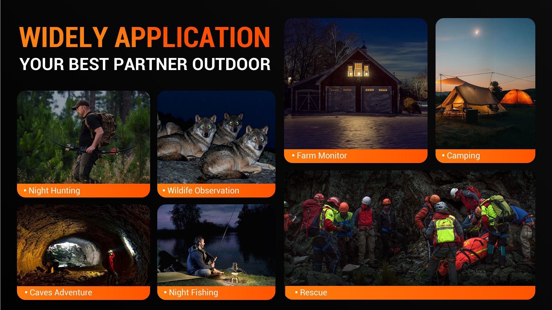 Minener NOX-V5 premium night vision goggles outdoor applications: ideal for wildlife observation, farm monitoring, camping, night hunting, and rescue.
