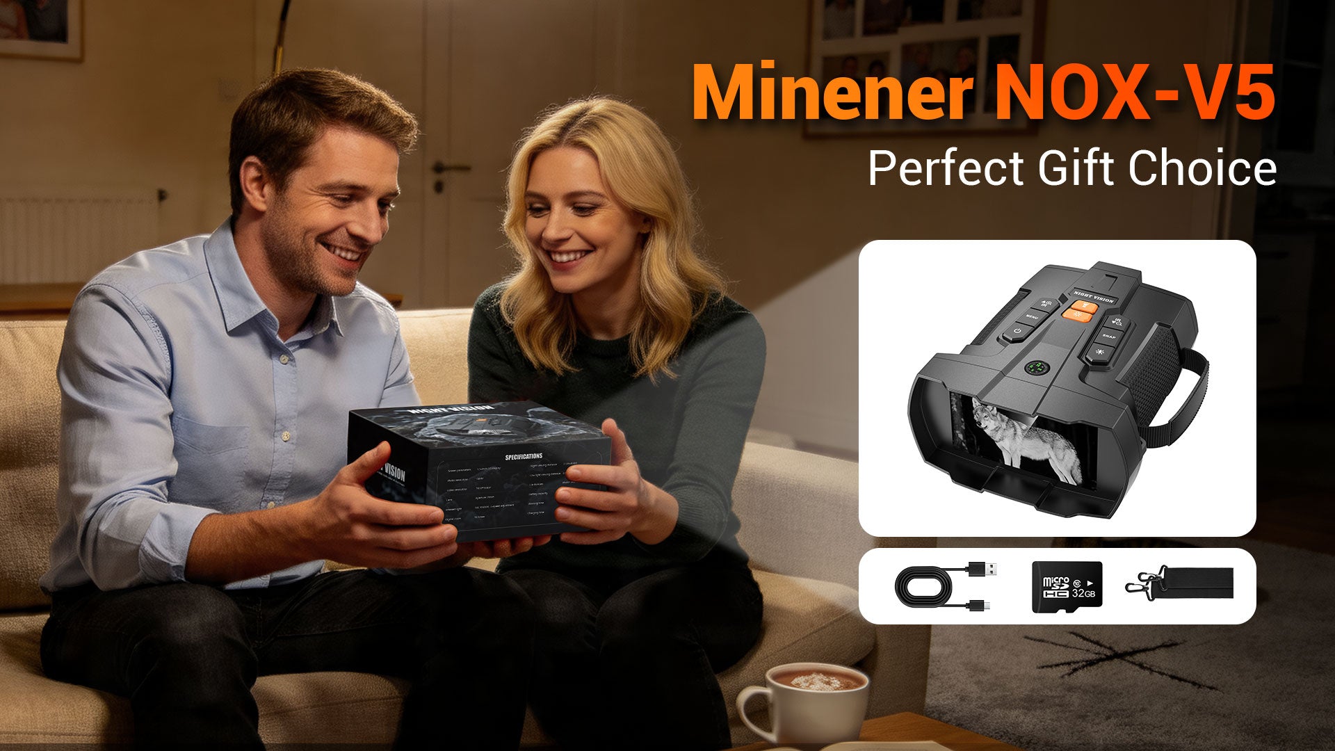 Minener NOX-V5 premium night vision goggles as a perfect gift. Smiling couple holding the box. Kit includes device, USB cable, 32GB SD card, and neck strap.