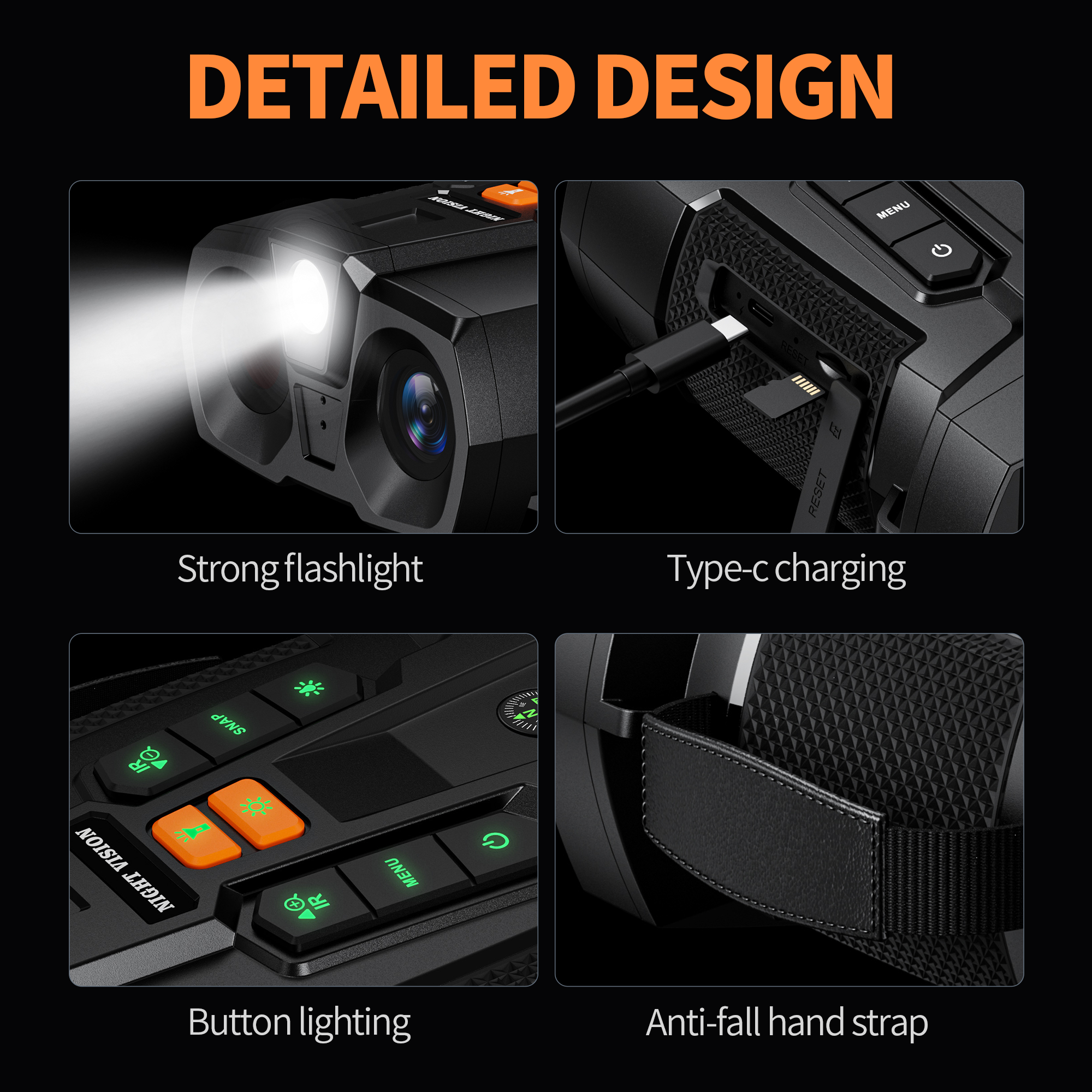 Minener NOX-V5 night vision binoculars with flashlight, Type-C charging and hand strap