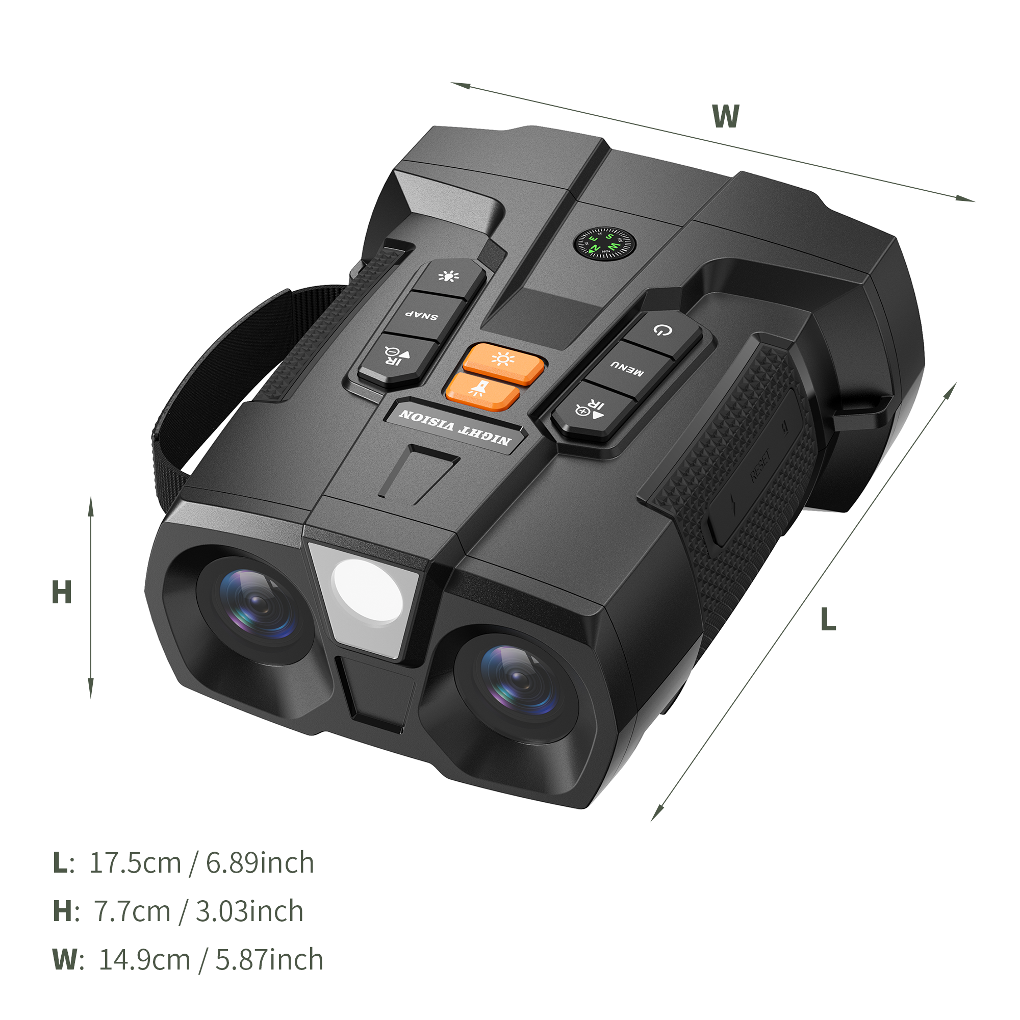 Minener NOX-V5 night vision binoculars with length, width and height dimensions shown