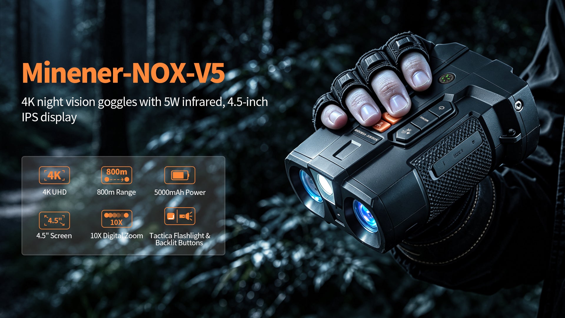 Minener NOX-V5 4K night vision binoculars with 5W infrared and 4.5-inch HD display
