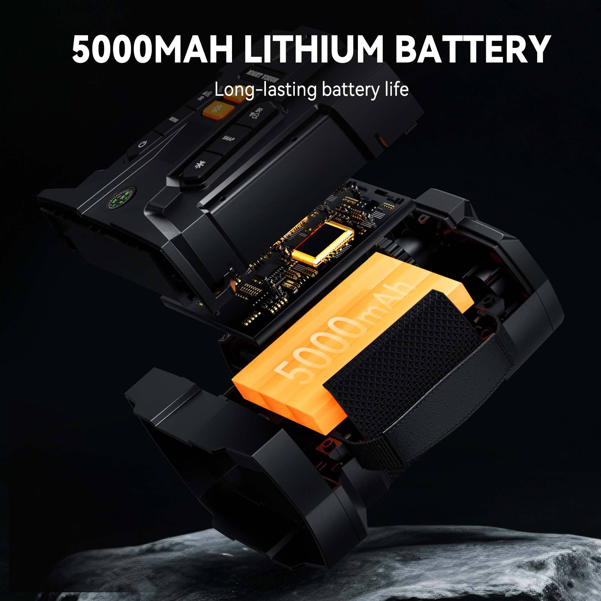 Minener NOX-V5 Night Vision Binoculars exploded view revealing internal circuitry and a long-lasting 5000mAh lithium battery for high-end outdoor use.