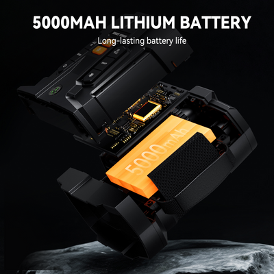 Minener NOX-V5 Night Vision Binoculars exploded view revealing internal circuitry and a long-lasting 5000mAh lithium battery for high-end outdoor use.
