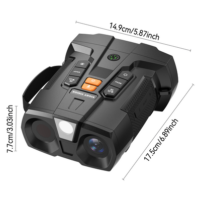 Minener NOX-V5 night vision Binoculars with compact dimensions shown, measuring 14.9 cm x 11.5 cm x 7.7 cm for portable handheld use
