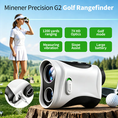 Minener Precision G2 golf rangefinder with 1200-yard range, 7X optics, and slope assist