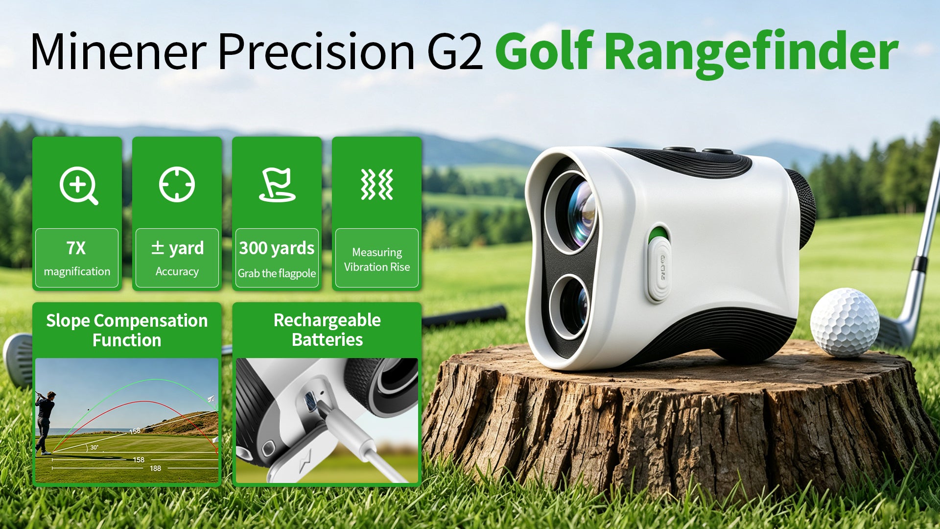 Minener Precision G2 golf rangefinder with slope compensation, flag lock, and rechargeable battery