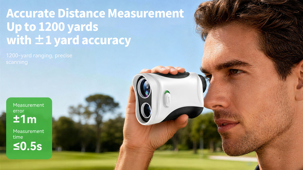 Golfer using Minener Precision G2 rangefinder with 1200-yard range and ±1 yard accuracy