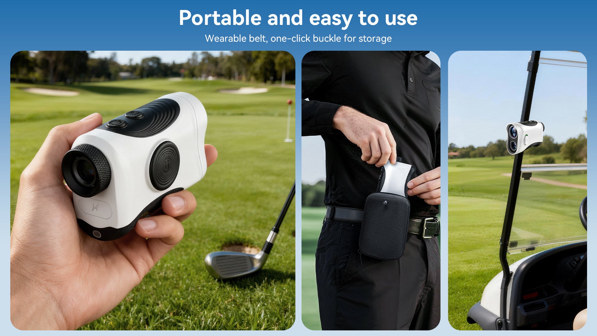 Compact Minener Precision G2 rangefinder with carry case and magnetic golf cart attachment