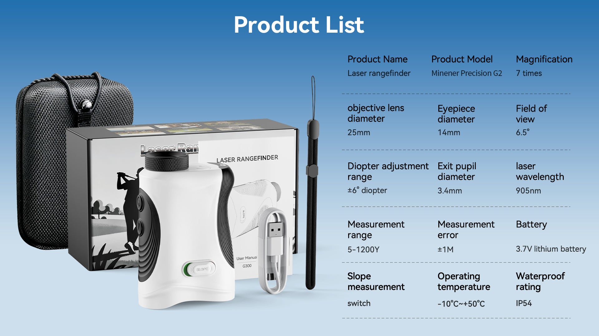 Minener Precision G2 golf rangefinder kit with carrying case, Type-C cable, lanyard, and specs
