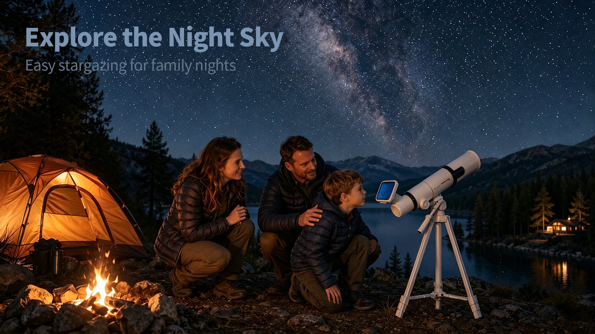 Minener telescope for easy family stargazing at a lakeside campsite under a night sky