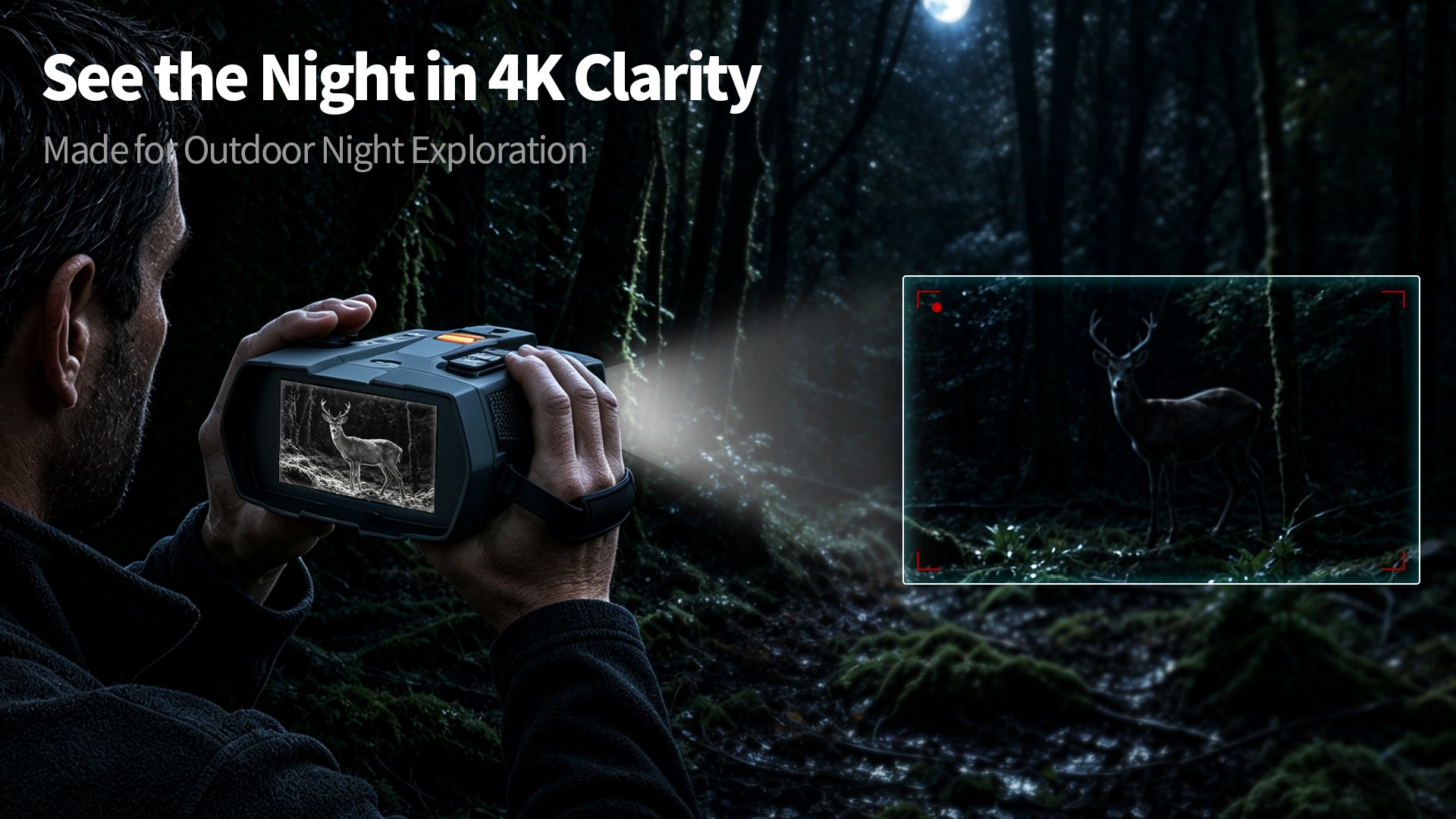 Minener NOX-V5 4K night vision binoculars spotting a deer during outdoor night exploration