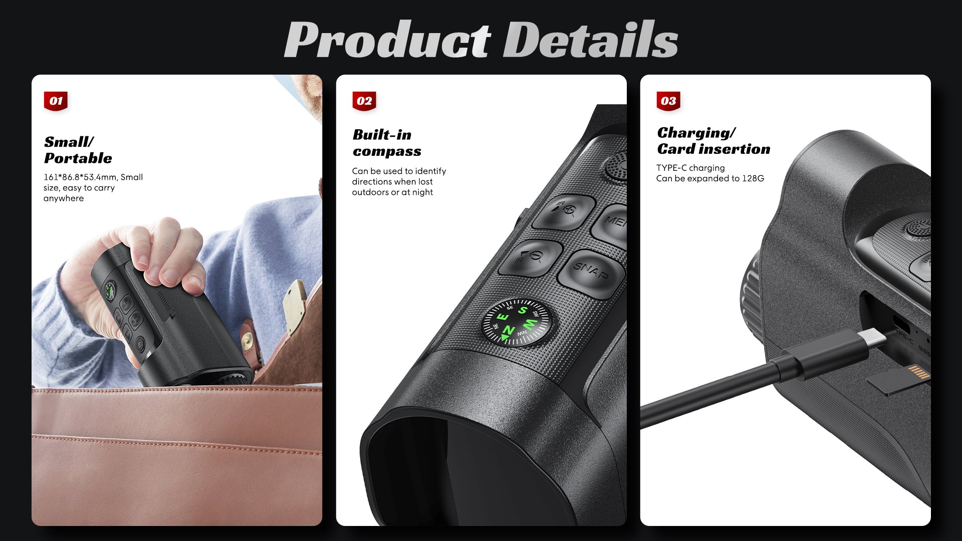 Compact night vision monocular with built-in compass, Type-C charging, and TF card support up to 128GB—Minener MONO-V1 for easy outdoor carry.
