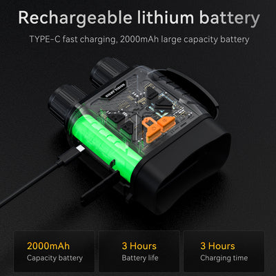 Minener NOX-V2 night vision goggles feature a 2000mAh rechargeable lithium battery with Type-C fast charging and up to 3 hours of battery life.