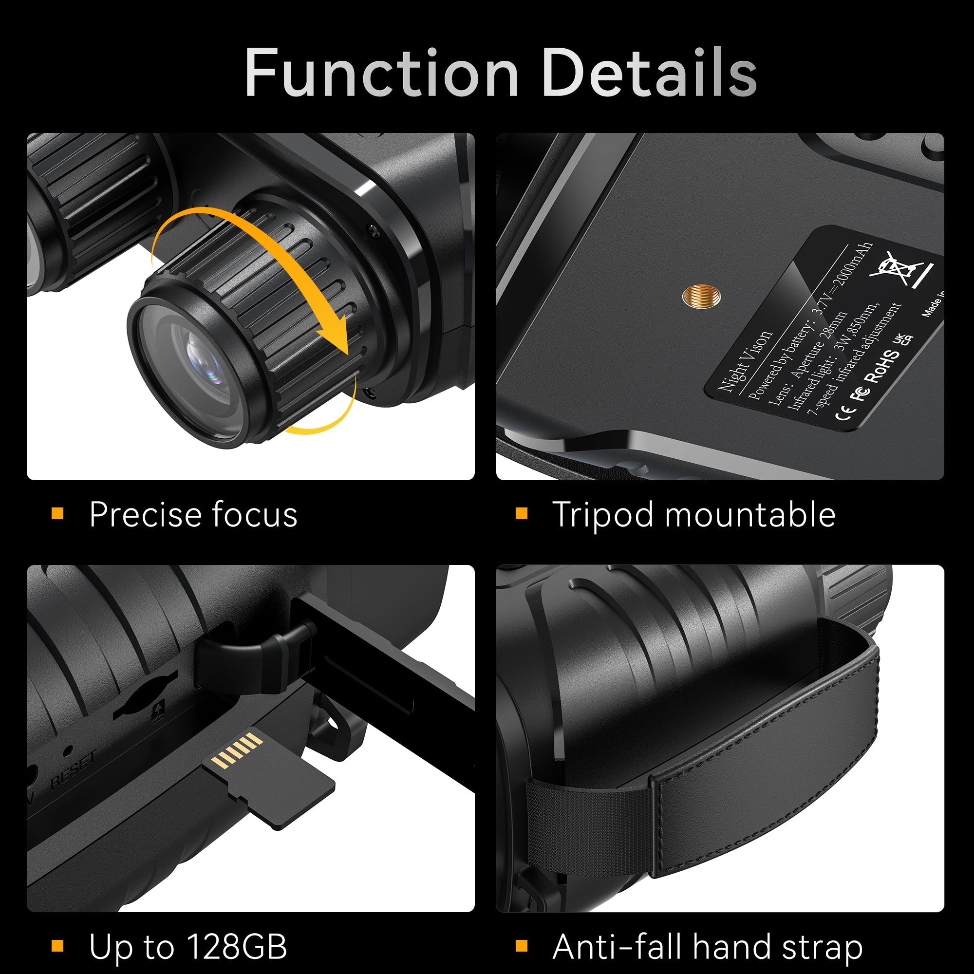 Minener NOX-V2 night vision goggles feature precise manual focus, tripod mount support, TF card expansion up to 128GB and an anti-fall hand strap.
