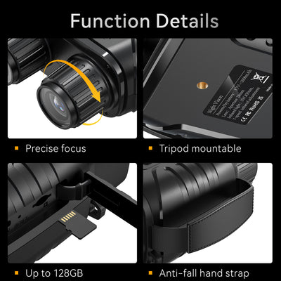Minener NOX-V2 night vision goggles feature precise manual focus, tripod mount support, TF card expansion up to 128GB and an anti-fall hand strap.