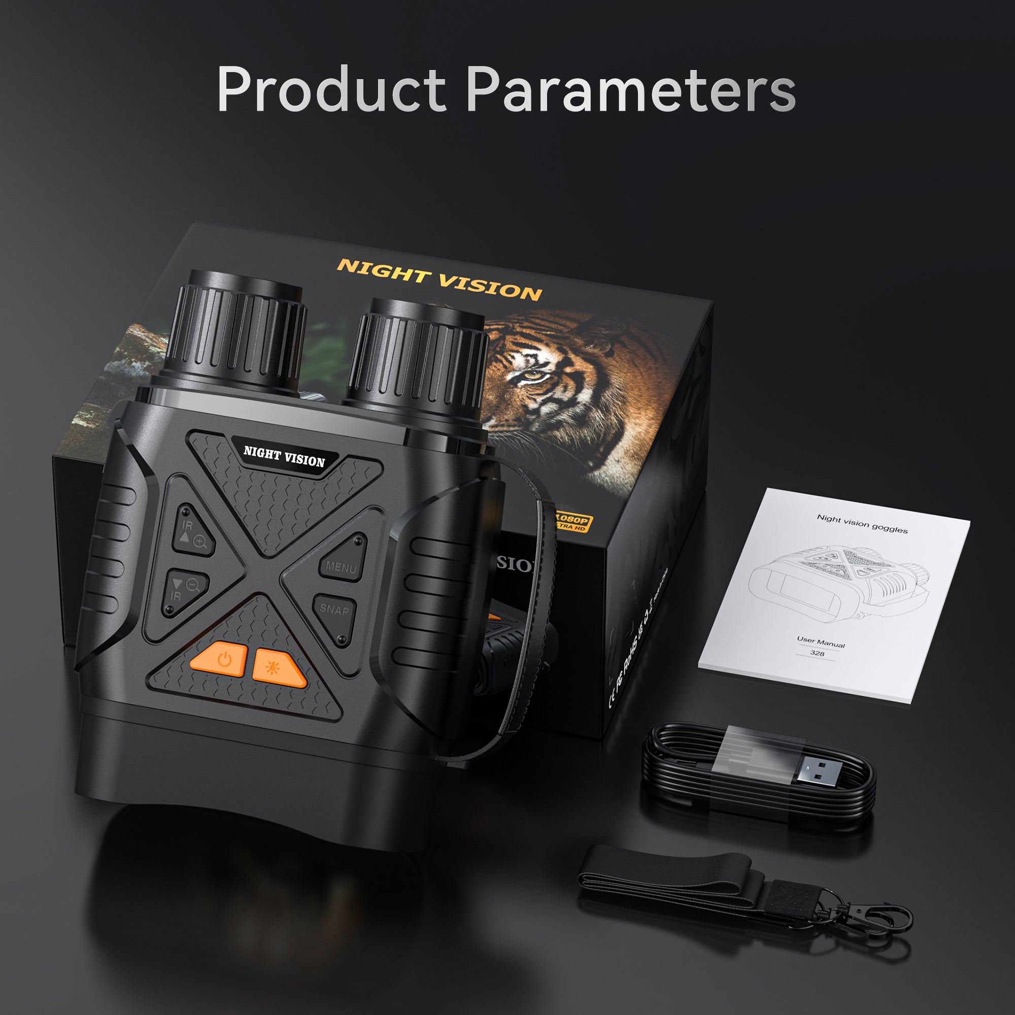 Minener NOX-V2 night vision goggles product parameters showing HD screen, infrared night vision, rechargeable battery, accessories and full package contents.