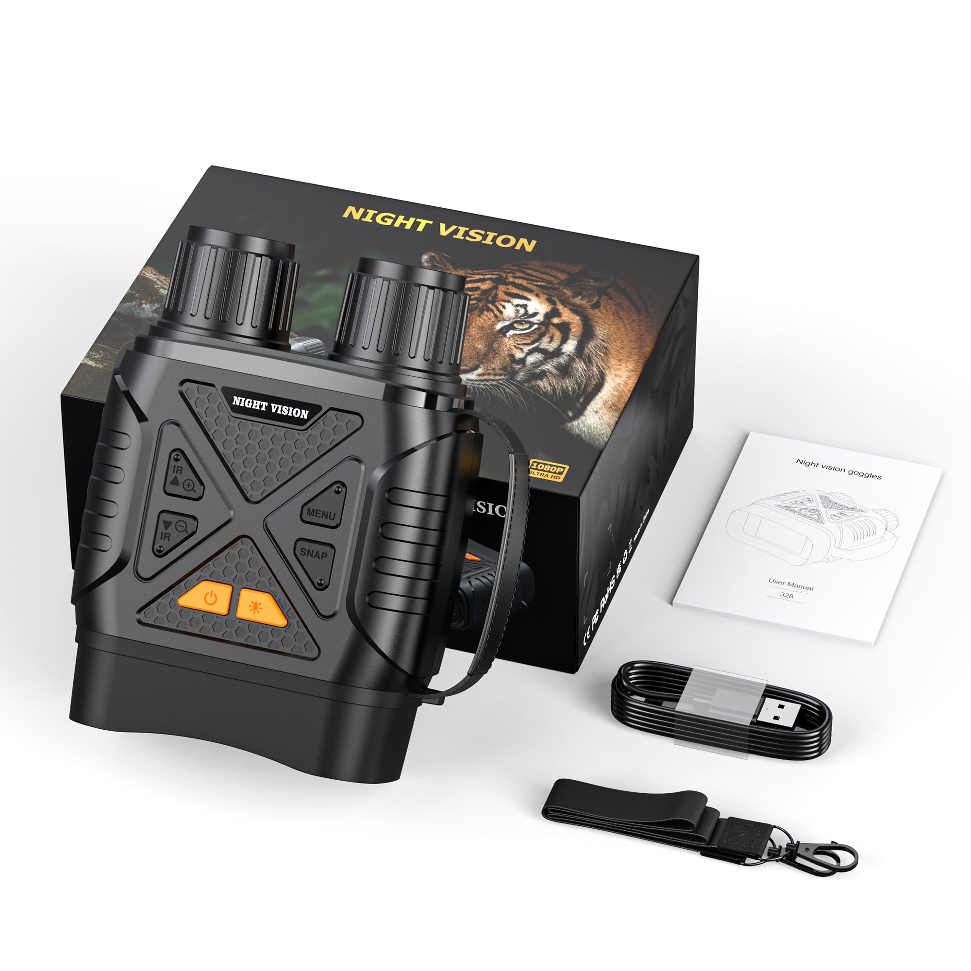 Minener NOX-V2 night vision goggles kit with HD screen, 1080P photo video recording, infrared night vision, USB cable, strap and user manual included.