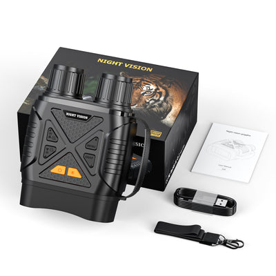 Minener NOX-V2 night vision goggles kit with HD screen, 1080P photo video recording, infrared night vision, USB cable, strap and user manual included.