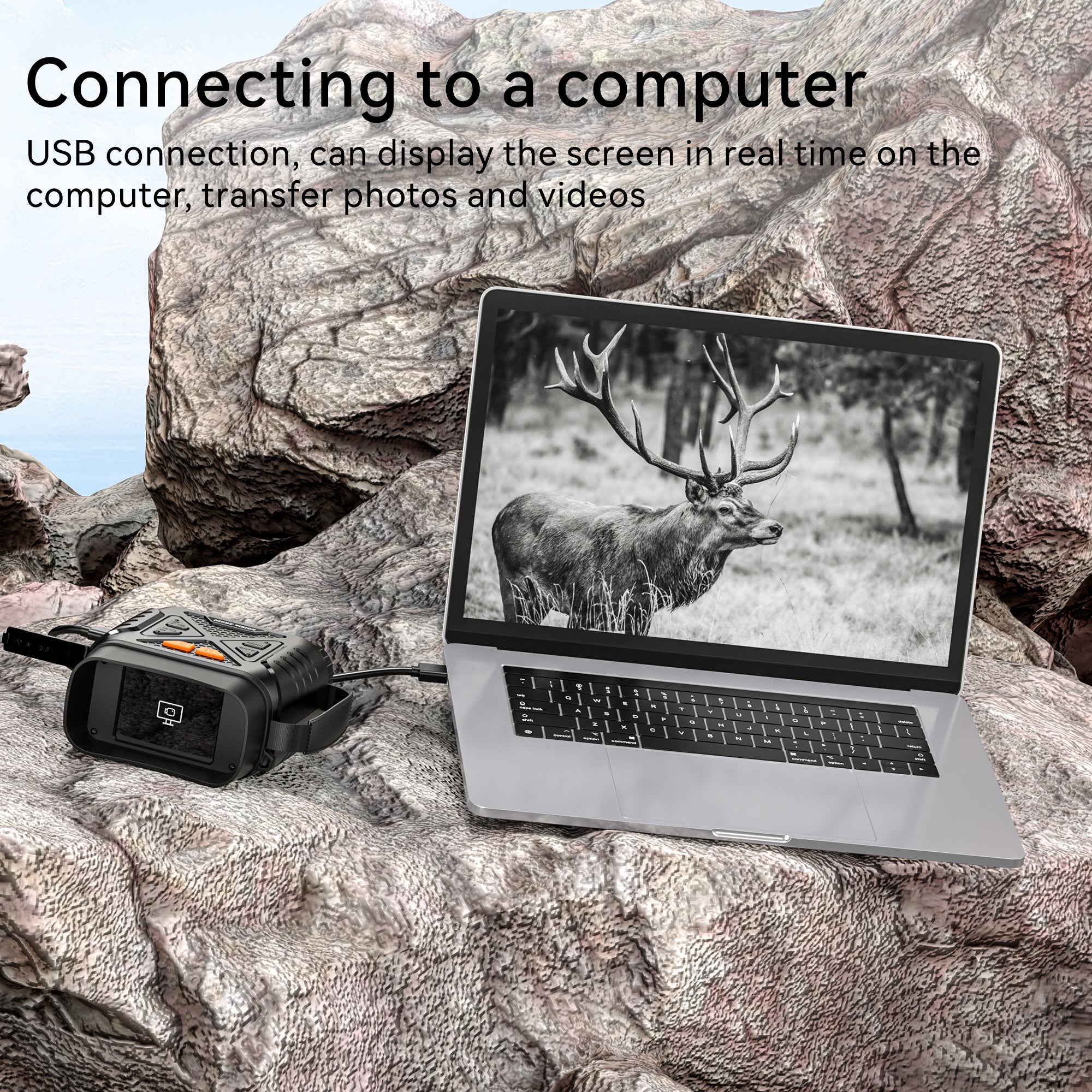 Minener NOX-V2 night vision goggles support USB connection to a computer, enabling real-time screen display and easy photo and video transfer.