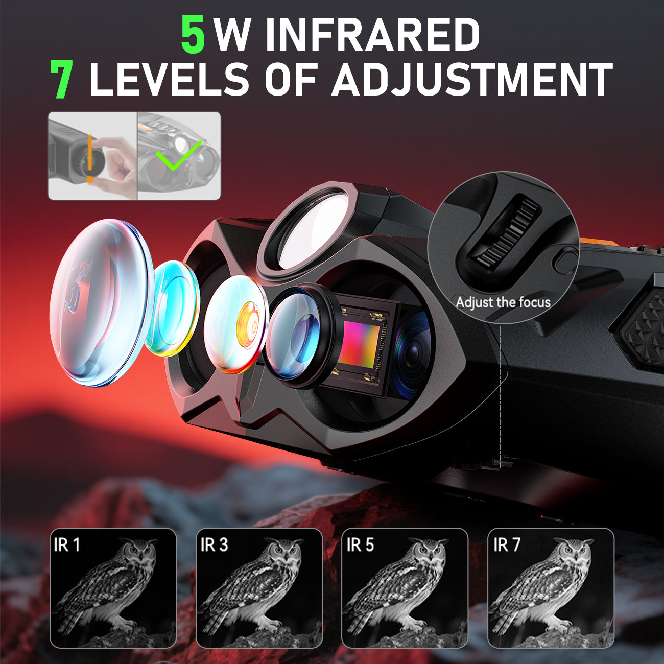 Minener NOX-V6 night vision goggles with 5W infrared illuminator, 7 adjustable IR levels, enhanced clarity in darkness, precision focus and long-distance viewing