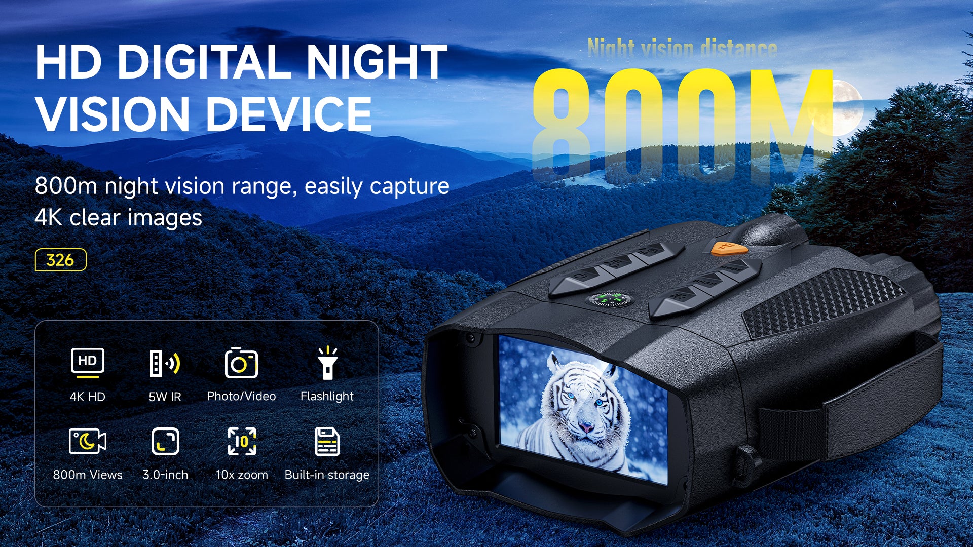 Minener NOX-V3 digital night vision device features 800m range, 4K imaging, 5W IR illuminator, photo and video recording, 10× zoom, and built-in storage.
