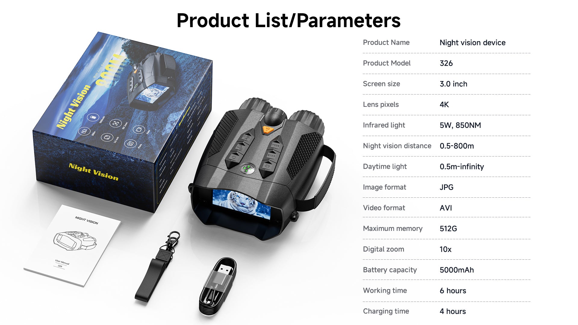 Minener NOX-V3 night vision device features 4K resolution, 800m night vision range, 5W IR illuminator, 10× zoom, 5000mAh battery, and up to 512GB storage support.