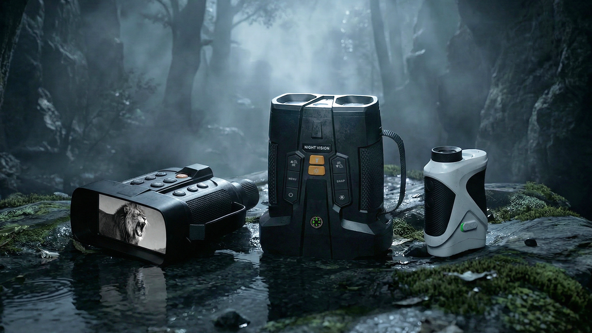 Outdoor wildlife observation and exploration gear: A professional combination of infrared night vision and rangefinding equipment set in a dark, damp forest environment, perfect for low-light tracking.