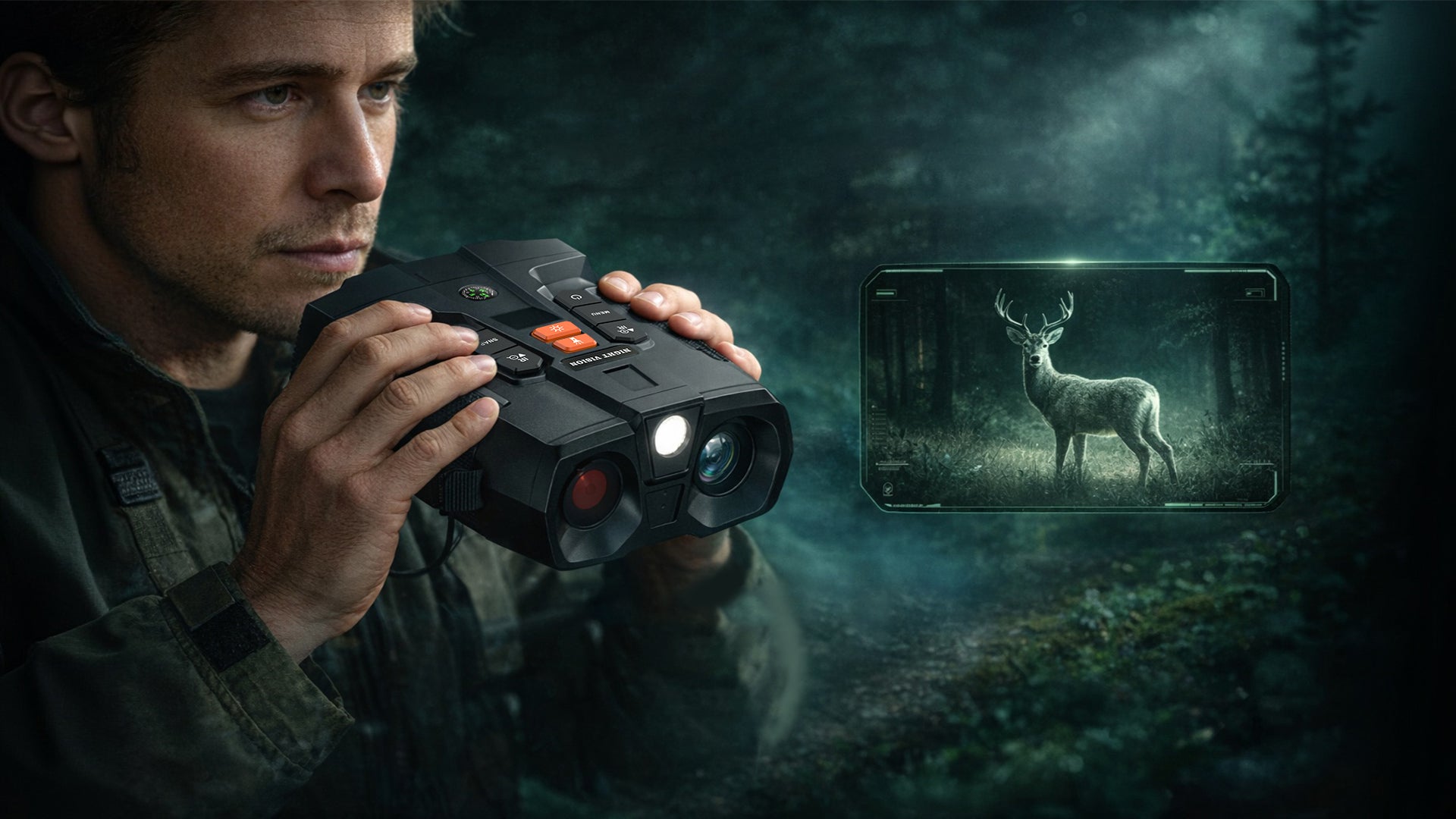 Man using Minener NOX-V5 premium 4K night vision goggles to clearly spot a deer in a dark forest. Ultimate 800m range for total darkness wildlife observation.