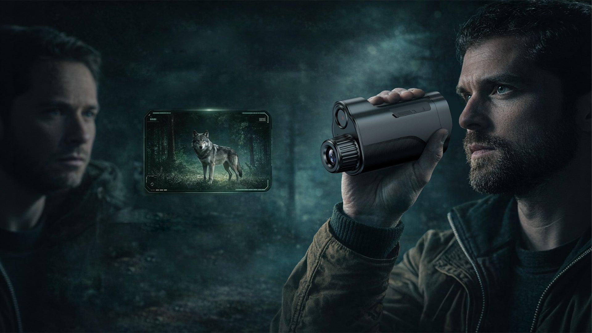 Minener MONO-V1 compact digital night vision monocular used outdoors at night, handheld device with infrared zoom for wildlife and farm observation