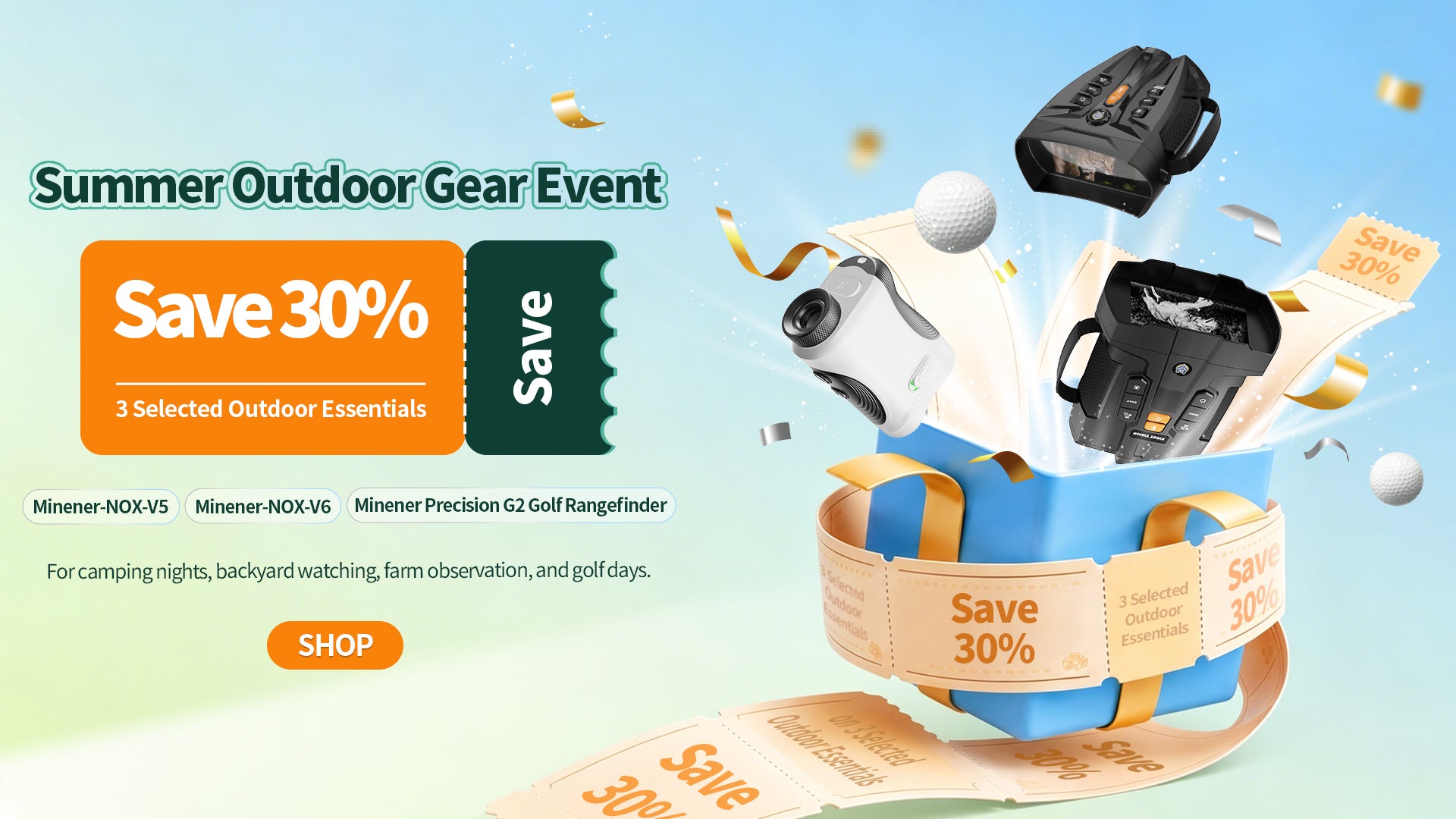 Minener summer outdoor gear sale with 30% off night vision and golf rangefinder